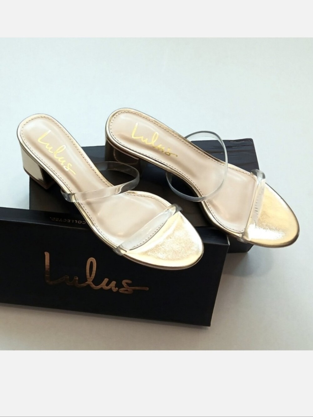 Lulus Savina Clear Double Strap Gold Sandals with Block Heel NIB. Size 7 or 8